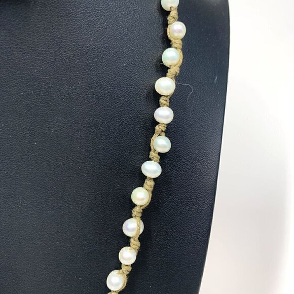 Genuine White Pearl Knotted ID Lanyard Necklace On Natural Fiber Cord 12"-18" - Picture 3 of 7